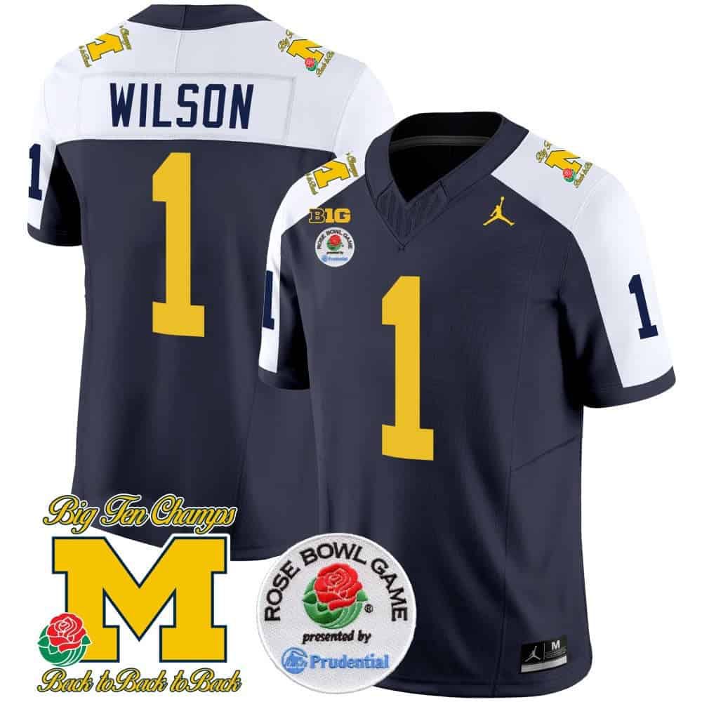 Men Michigan Wolverines #1 Wilson Drak Blue 2024 Rose Bowl Patch Vapor Limited NCAA Jersey style 2
